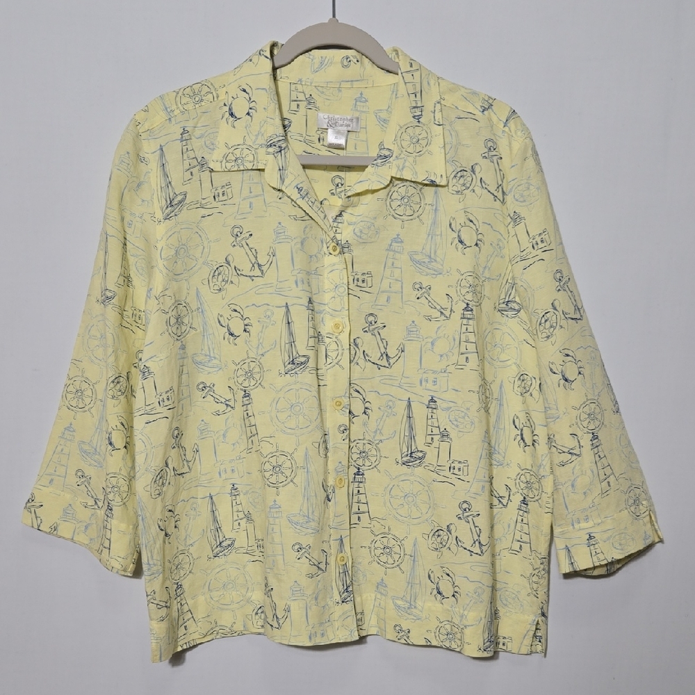 Vintage Nautical Linen Blend Button Down Shirt Top Coastal Beach‎ NWT